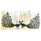 Mid Century Vintage Pair of Peacock Metal Sculptures with Green Patina & Gold Accents