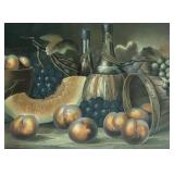 U - Vintage Framed Still Life Print with Fruit and Wine Bottles by H. Hadland