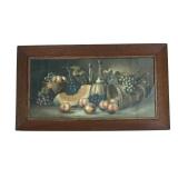 U - Vintage Framed Still Life Print with Fruit and Wine Bottles by H. Hadland