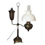 U - Vintage Ornate Brass Student Lamp with White Glass Shade