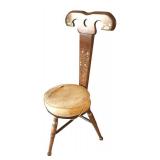 U - Vintage Wood Three Legged Spinning Chair with Floral Decor