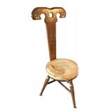 U - Vintage Wood Three Legged Spinning Chair with Floral Decor