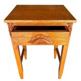 G - Vintage Oak Side Table with Single Drawer and Carved Details