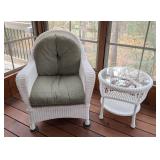P - White Wicker Armchair with Cushion and Glass-Top Side Table
