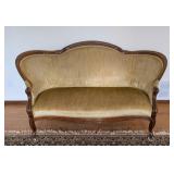 LR - Victorian Walnut Framed Velvet Upholstered Settee Sofa