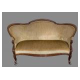 LR - Victorian Walnut Framed Velvet Upholstered Settee Sofa