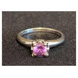 K - 14K White Gold Ring with Pink Gemstone, Size 6