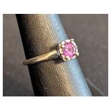 K - 14K White Gold Ring with Pink Gemstone, Size 6