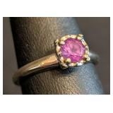 K - 14K White Gold Ring with Pink Gemstone, Size 6