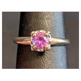 K - 14K White Gold Ring with Pink Gemstone, Size 6