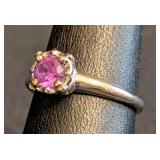 K - 14K White Gold Ring with Pink Gemstone, Size 6