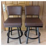 ML - Pair of Brown Swivel Bar Stools with Black Metal Base
