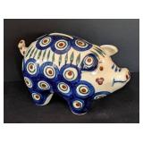 K - Polish Pottery Piggy Bank with Blue Peacock Pattern
