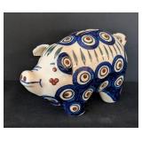 K - Polish Pottery Piggy Bank with Blue Peacock Pattern