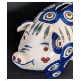 K - Polish Pottery Piggy Bank with Blue Peacock Pattern