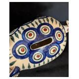 K - Polish Pottery Piggy Bank with Blue Peacock Pattern
