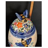K - Polish Pottery Bee Motif Honey Jar with Dipper by Andy Boleslawiec