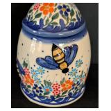 K - Polish Pottery Bee Motif Honey Jar with Dipper by Andy Boleslawiec