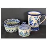 K - Assorted Polish Pottery Mug, Bowl, and Lidded Jar Collection
