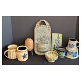 K - Collection of Decorative Pottery Including Stone Hollow Wall Plaque and Mugs