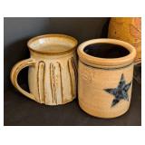 K - Collection of Decorative Pottery Including Stone Hollow Wall Plaque and Mugs