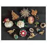 K - Collection of 13 Vintage Brooches with Holiday, Floral, and Animal Themes