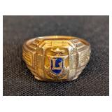 K - 10k Gold Class Ring with Blue Enamel Crest, Size 3