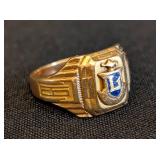 K - 10k Gold Class Ring with Blue Enamel Crest, Size 3