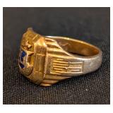 K - 10k Gold Class Ring with Blue Enamel Crest, Size 3