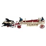 LR - Vintage Cast Iron Horse-Drawn Fire Engine Toy with Figures