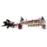 LR - Vintage Cast Iron Horse-Drawn Fire Engine Toy with Figures