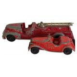 Lot of 4 Vintage Red Hubley Diecast Vehicles - Fire Truck, Tractors, Convertible Car