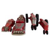 Lot of 4 Vintage Red Hubley Diecast Vehicles - Fire Truck, Tractors, Convertible Car