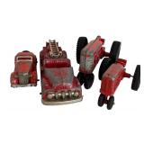 Lot of 4 Vintage Red Hubley Diecast Vehicles - Fire Truck, Tractors, Convertible Car