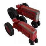 Lot of 4 Vintage Red Hubley Diecast Vehicles - Fire Truck, Tractors, Convertible Car