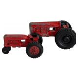 Lot of 4 Vintage Red Hubley Diecast Vehicles - Fire Truck, Tractors, Convertible Car