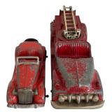 Lot of 4 Vintage Red Hubley Diecast Vehicles - Fire Truck, Tractors, Convertible Car