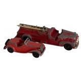 Lot of 4 Vintage Red Hubley Diecast Vehicles - Fire Truck, Tractors, Convertible Car