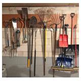 G - Large Collection of Yard and Snow Tools with Rakes, Shovels, and Saws