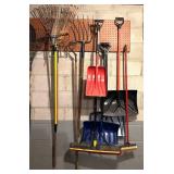 G - Large Collection of Yard and Snow Tools with Rakes, Shovels, and Saws