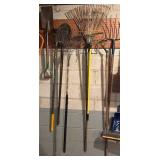 G - Large Collection of Yard and Snow Tools with Rakes, Shovels, and Saws