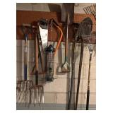 G - Large Collection of Yard and Snow Tools with Rakes, Shovels, and Saws