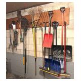 G - Large Collection of Yard and Snow Tools with Rakes, Shovels, and Saws
