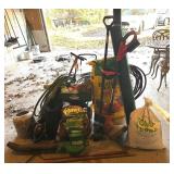 G - Large Collection of Garden Tools, Hoses, Soil, Spreaders, and Lawn Supplies