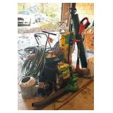 G - Large Collection of Garden Tools, Hoses, Soil, Spreaders, and Lawn Supplies