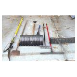 G - Assorted Yard and Snow Tools Including Pruner, Shovel, Brooms, and Snow Pushers