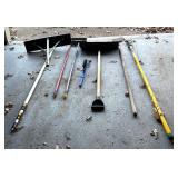 G - Assorted Yard and Snow Tools Including Pruner, Shovel, Brooms, and Snow Pushers