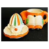 K - Vintage Japan Clown Ceramic Juice Pitcher and Reamer