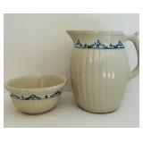 FR - Vintage Stoneware Pitcher and Bowl Set with Blue Floral Design, 12 Inch Pitcher