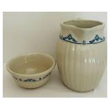 FR - Vintage Stoneware Pitcher and Bowl Set with Blue Floral Design, 12 Inch Pitcher